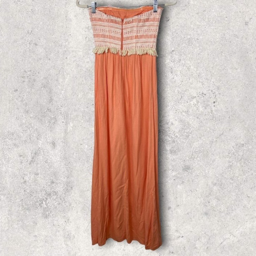 Ella Moss Bohemian Crochet Strapless Maxi Dress Salmon Orange Size XS Boho Raffi - Picture 6 of 13